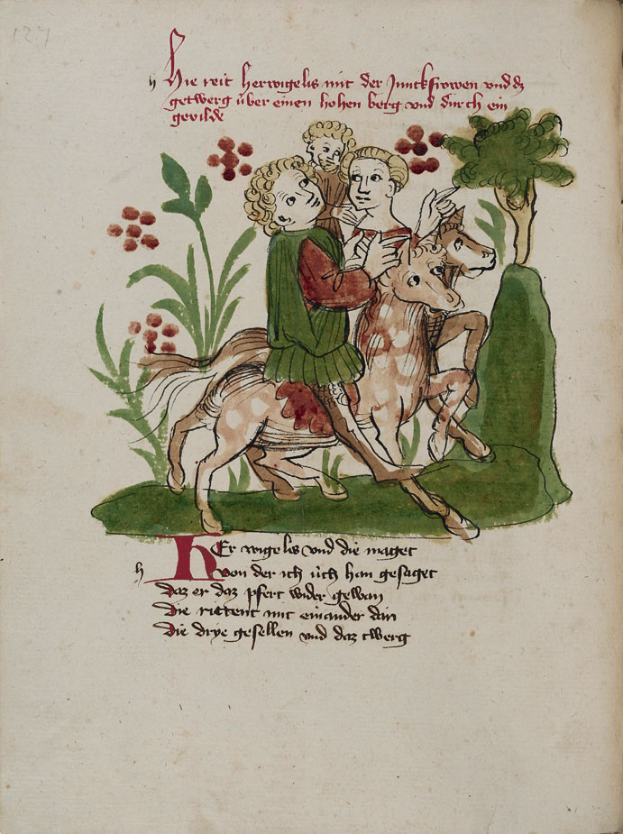 Das Bild zeigt eine Illustration aus der Wigalois-Handschrift, Blatt 64v: Wigalois und Elamie, die Königin von Tyrus, der er im Kampf gegen den Roten Ritter zu ihrem Recht verholfen hat, reiten mit dem Zwerg nach Roimunt. 