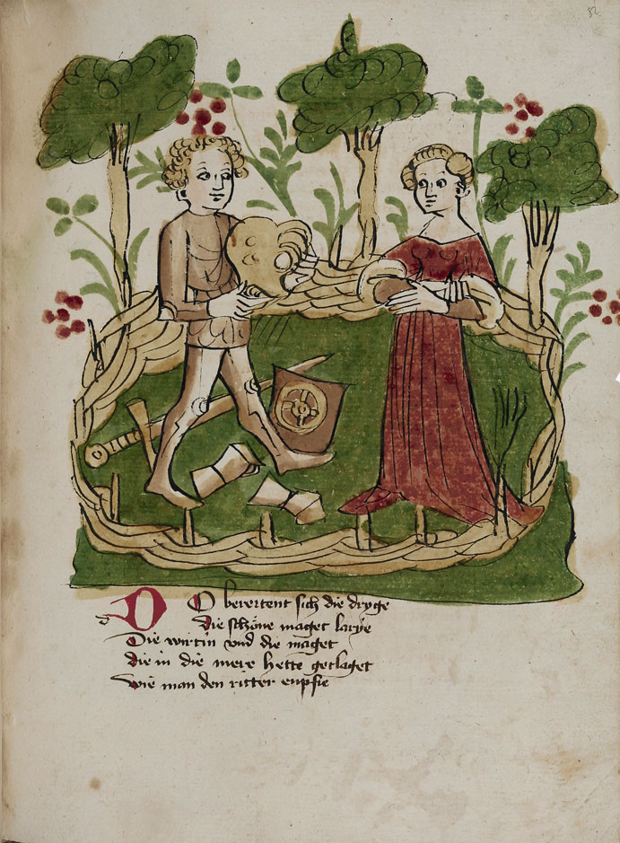 Das Bild zeigt eine Illustration aus der Wigalois-Handschrift, Blatt 82r: Wigalois ist in Roimunt angekommen und legt mit Hilfe der Dienerin Nereja im Garten seine Rüstung ab. 