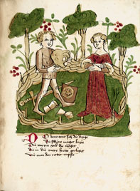 Abgebildet ist Wigalois im Garten, die Dienerin Nereja hilft ihm beim ablegen der Rüstung.