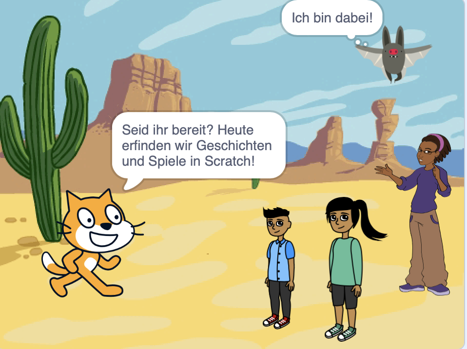 Zu sehen ist ein mit der Programmiersprache Scratch erstelltes Bild einer Wüstenlandschaft mit mehreren kommunizierenden Personen und Tieren 