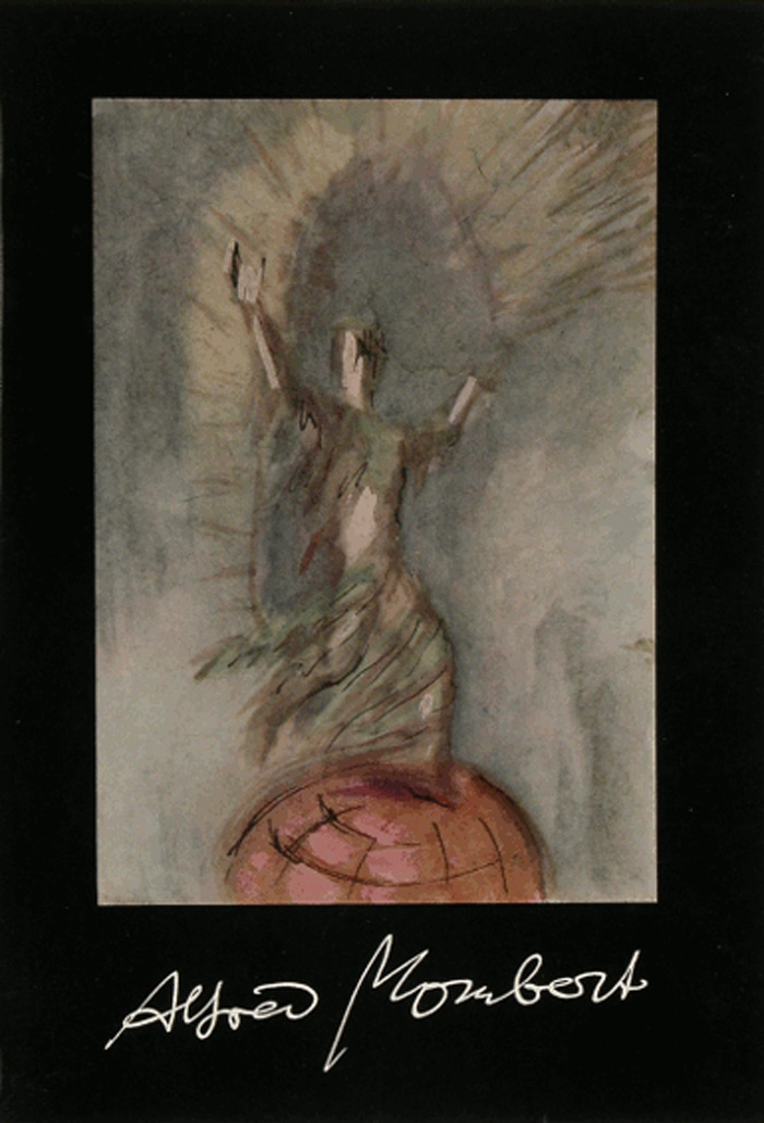 Zu sehen ist das schwarze Cover eines Ausstellungkataloges, auf welchem eine Malerei einer Person, welche ihre arme in die höhe streckt, abgebildet ist. Darunter befindet sich eine Unterschrift.