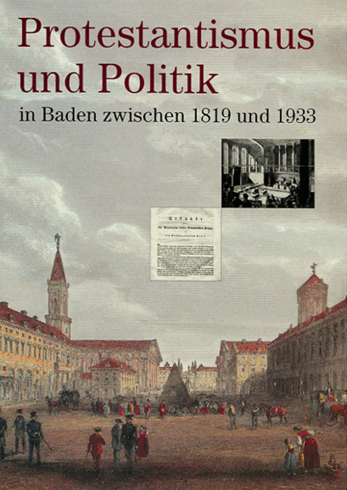 Zu sehen ist das Cover eines Ausstellungkataloges, auf welchem eine Malerei vom Karlsruher Marktplatz als Hintergrund zu erkennen ist. In der oberen Bildhälfte ist der Name der Ausstellung zu lesen. 