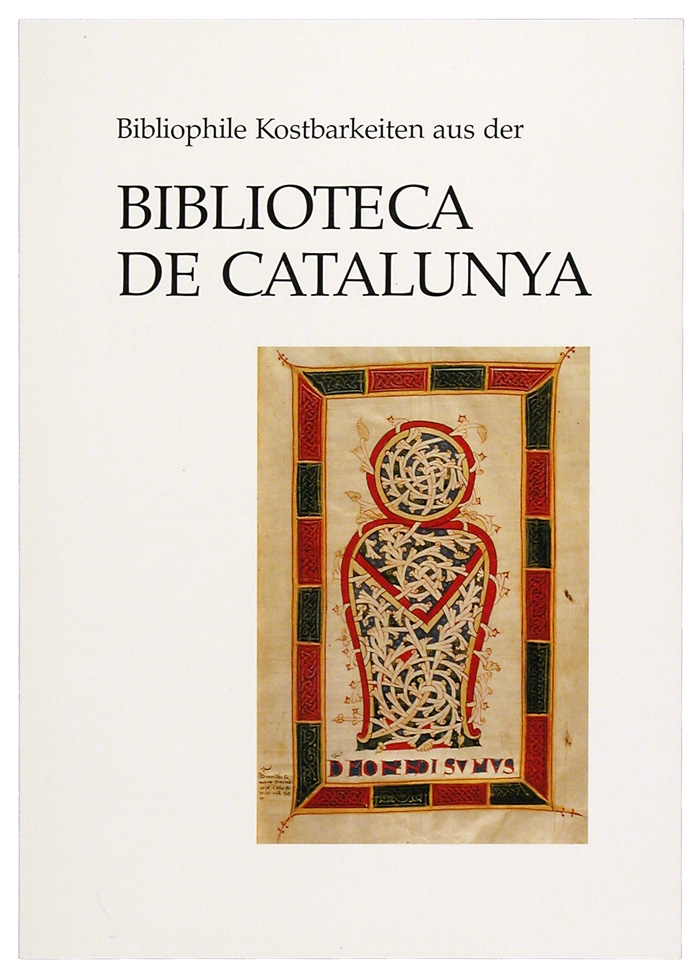 Zu sehen ist das weiße Cover eines Ausstellungkataloges, auf welches ein Bild einer Bibliophilen Kostbarkeit abgebildet ist. Über dieser Kostbarkeit steht der Name der Ausstellung.