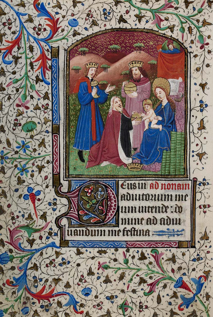 Zu sehen ist die Anbetung Jesu durch die Heiligen Drei Könige. Aus dem Stundenbuch Cod. St. Georgen 28, 15. Jh. Es handelt sich um eine vielfarbige Darstellung aus dem Mittelalter. 