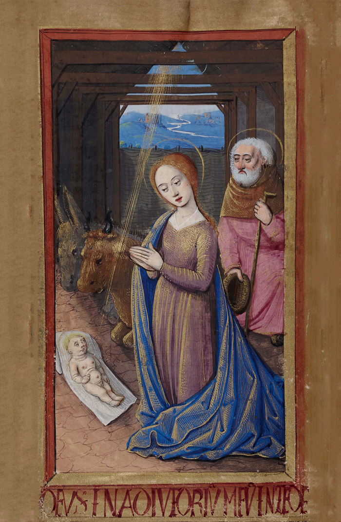 Zu sehen ist die heilige Familie im Stall zu Bethlehem. Aus den Horae beatae Mariae virginis Cod. Karlsruhe 3125, 16. Jh. Es handelt sich um eine farbenfrohe Darstellung aus dem 16. Jahrhundert. 