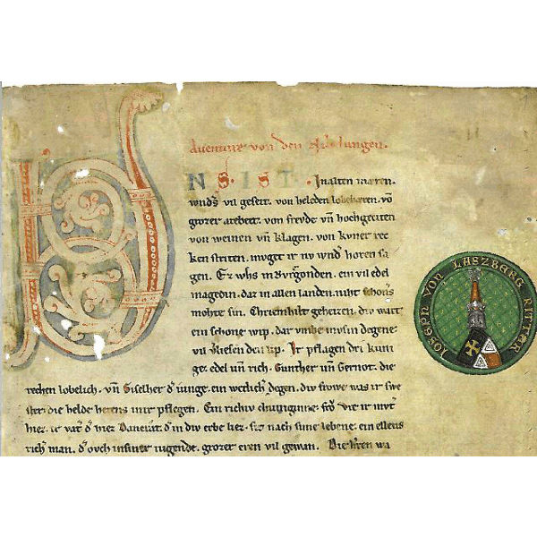 Zu sehen ist der Beginn des Nibelungenliedes. Cod. Donaueschingen 63, Nibelungenliedhandschrift C, 2. Viertel 13. Jh.