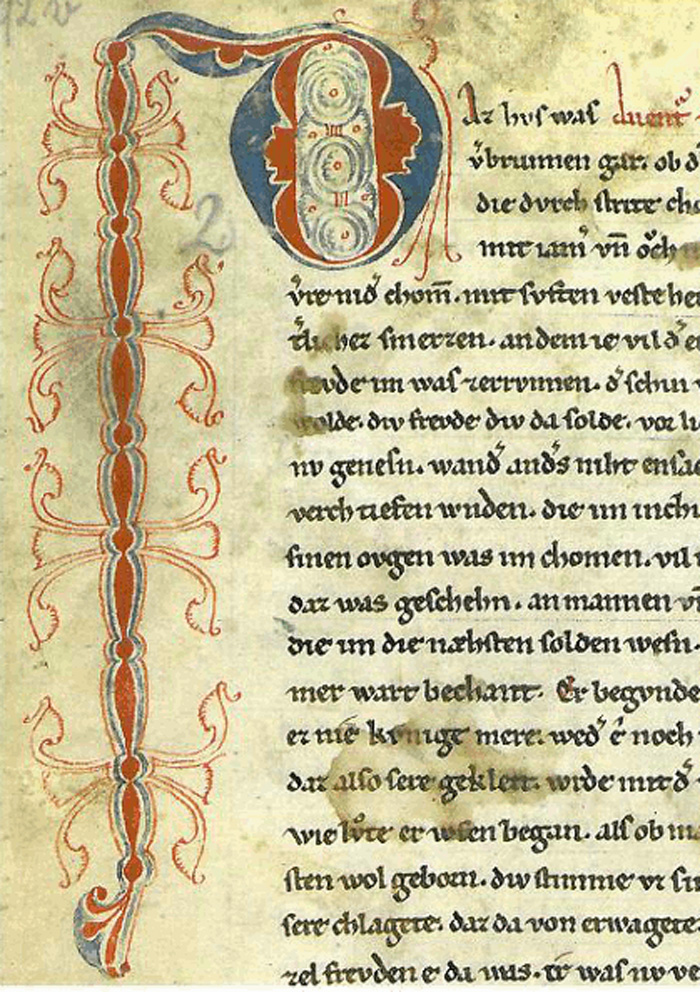 Zu sehen ist die Initiale D aus der Nibelungenklage. Cod. Donaueschingen 63, Nibelungenliedhandschrift C, 2. Viertel 13. Jh.