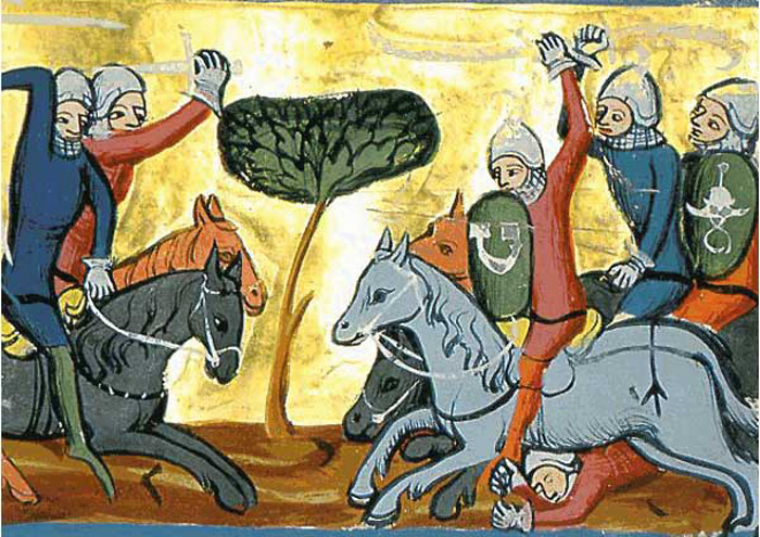 Auf der linken Bildseite sind zwei Ritter auf Pferden zu erkennen und auf der rechten Bildseite sind es drei Ritter auf Pferden. Beide Parteien reiten mit erhobener Waffe aufeinander zu. 