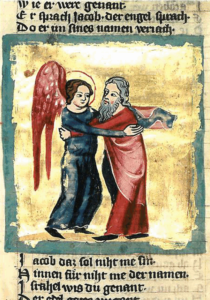 Zu sehen ist ein Engel und ein grauhaariger Mann welcher Jakob darstellt. Sie stehen sich gegenüber und umgreifen sich mit ihren Händen. 