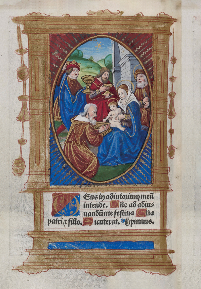 Zu sehen ist die Anbetung Jesu durch die Heiligen Drei Könige. Aus dem Stundenbuch Sign. 42 A 2123 RH, um 1525