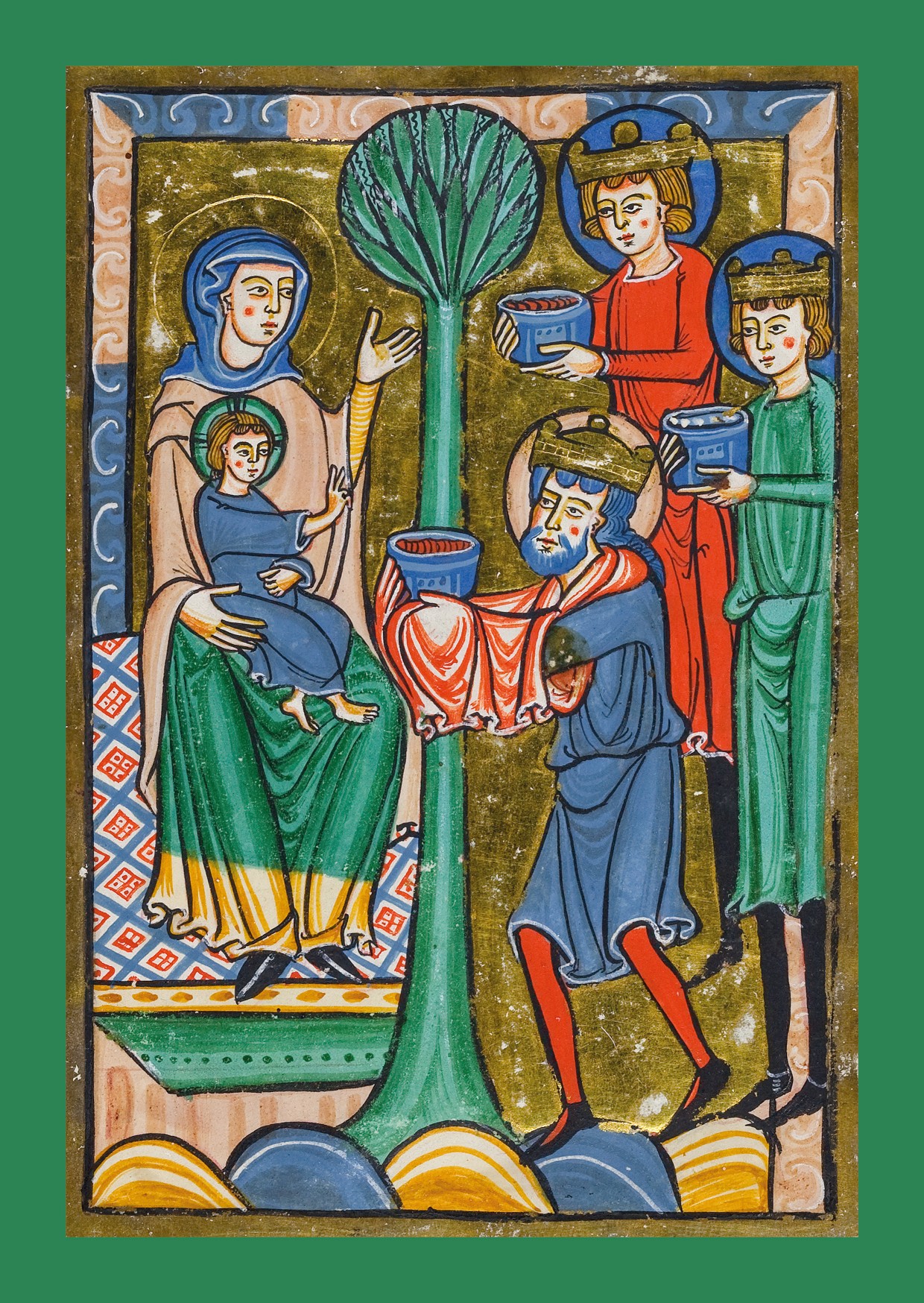 Links thront die Mutter Gottes, von links nähern sich die heiigen drei Könige mit blauen Gefäßen in den Händen.