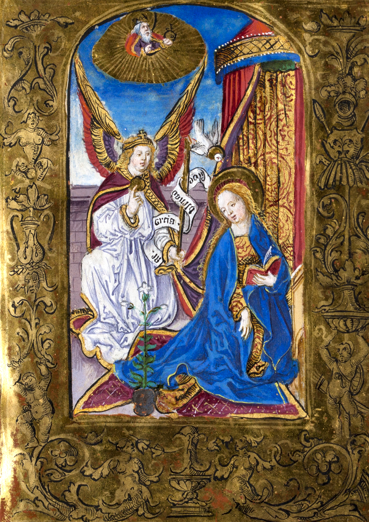Zu sehen ist die Verkündigung des Herrn. Aus dem Stundenbuch der Markgräfin Susanna von Brandenburg Cod. Durlach 2, 1520–1557