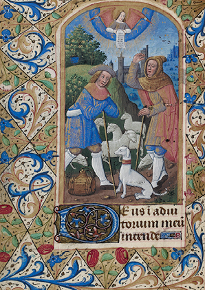 Zu sehen ist die Verkündigung an die Hirten. Aus dem Stundenbuch Cod. Karlsruhe 3118, Ende 15. Jahrhundert