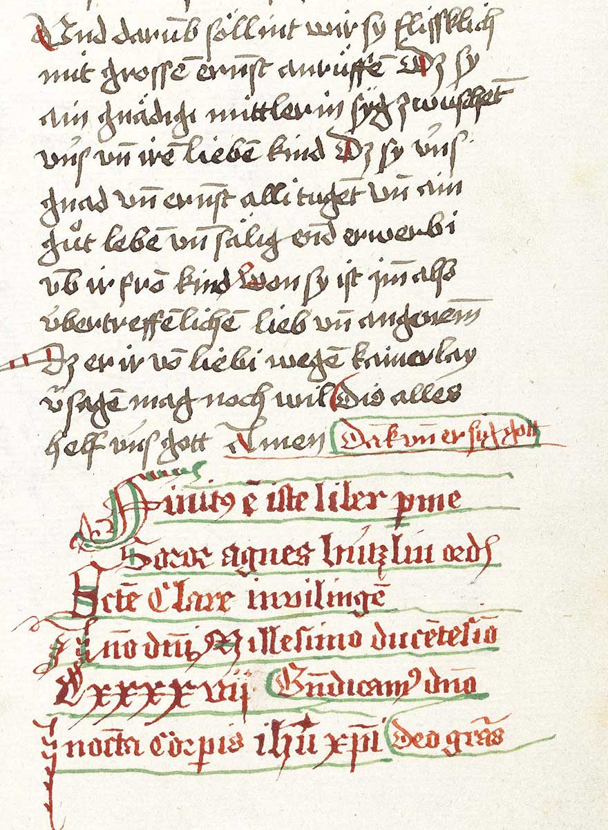 Cod. St. Georgen 68, Bl. 147rb: Kolophon der Agnes Bútzlin vom Jahr 1497]