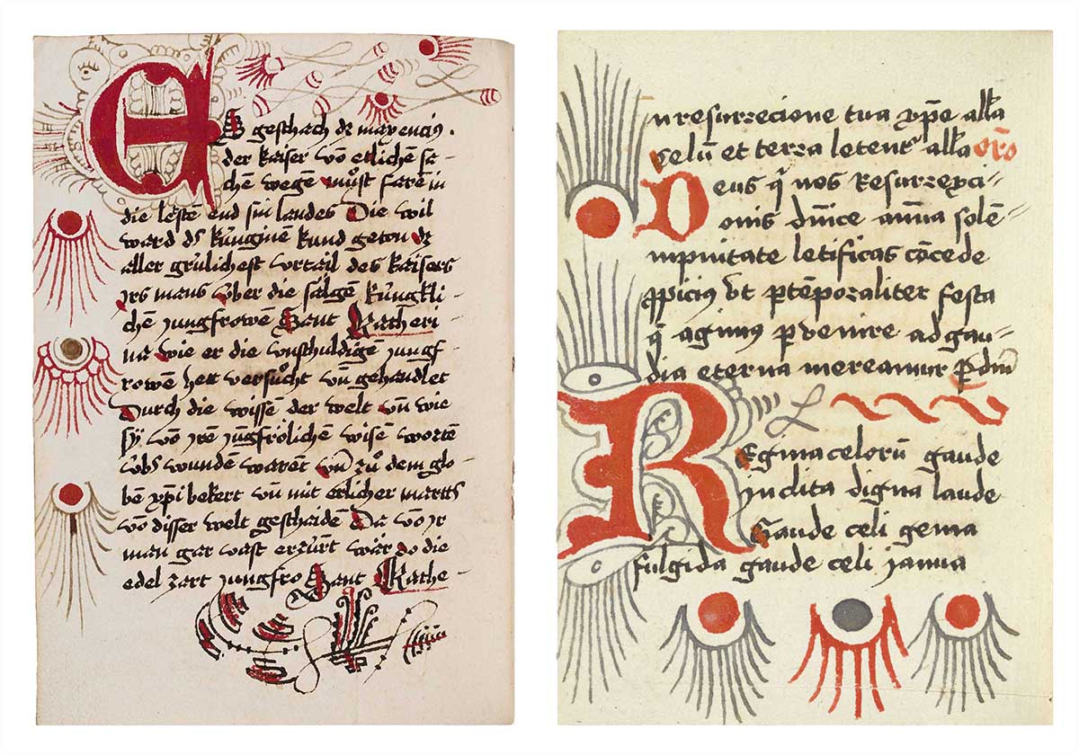 Cod. St. Georgen 99, Bl. 97v (links) und Cod. St. Georgen 105, Bl. 57v (rechts): Fleuronné der Schreiberin 3 Zu sehen ist Cod. St. Georgen 99, Bl. 97v (links) und Cod. St. Georgen 105, Bl. 57v (rechts): Fleuronné der Schreiberin 3