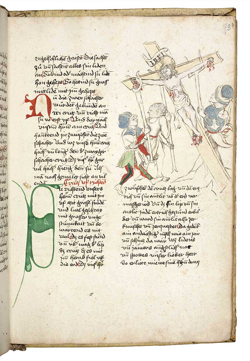 Cod. St. Georgen 68, Bl. 73r: Passionstraktat mit Federzeichnung der Kreuzigung Christi Zu sehen ist der Cod. St. Georgen 68, Bl. 73r: Passionstraktat mit Federzeichnung der Kreuzigung Christi