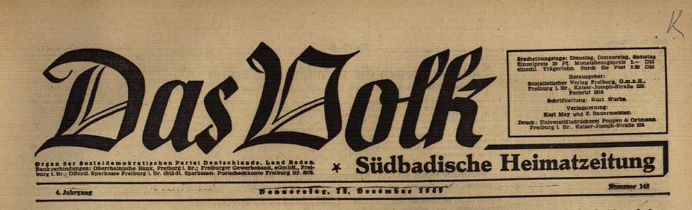 Zu sehen ist die Überschrift der Zeitung "Das Volk" vom Dezember 1949.
