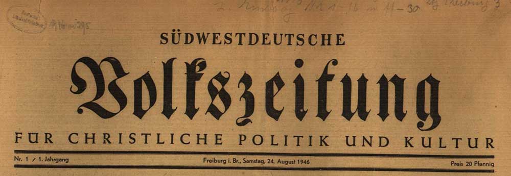 Zu sehen ist ein Ausschnitt aus der Südwestdeutschen Volkszeitung vom August 1946. Der Fokus liegt auf der Überschrift.