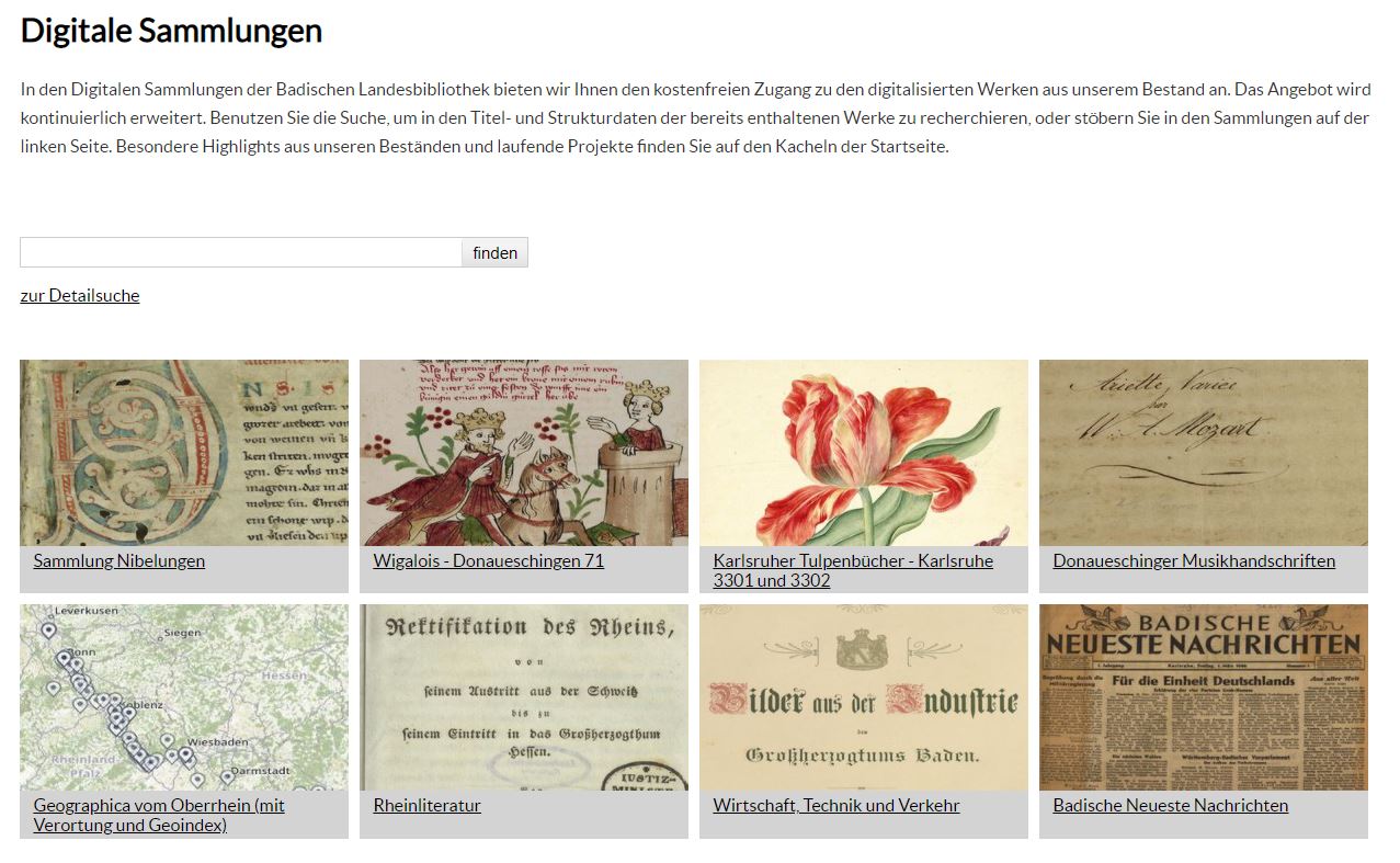 Das Bild zeigt die Webseite der Digitalen Sammlungen der Badischen Landesbibliothek. Kacheln auf der Startseite führen beispielsweise zur Sammlung Nibelungen, zu den Donaueschinger Musikhandschriften oder zu Digitalisaten der Zeitung Badische Neueste Nachrichten.