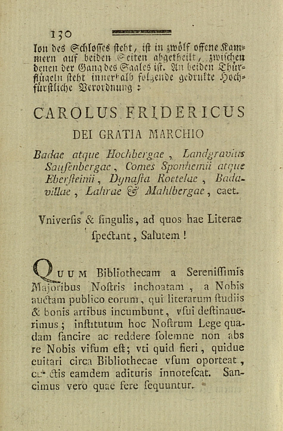 Bild der ersten Benutzungsordnung für die Hofbibliothek von Karl Friedrich von Baden, 1770.