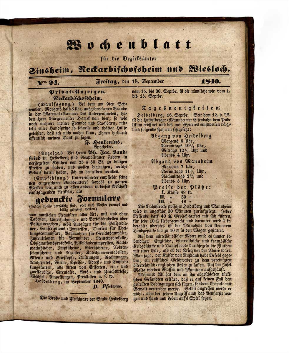 Bekanntgabe zur Eröffnung der Einsenbahnstrecke zwischen Mannheim und Heidelberg am 12. September 1840 in der dem Wochenblatt für die Bezirksämter Sinsheim, Neckarbischofsheim und Wiesloch vom 18. September 1840.