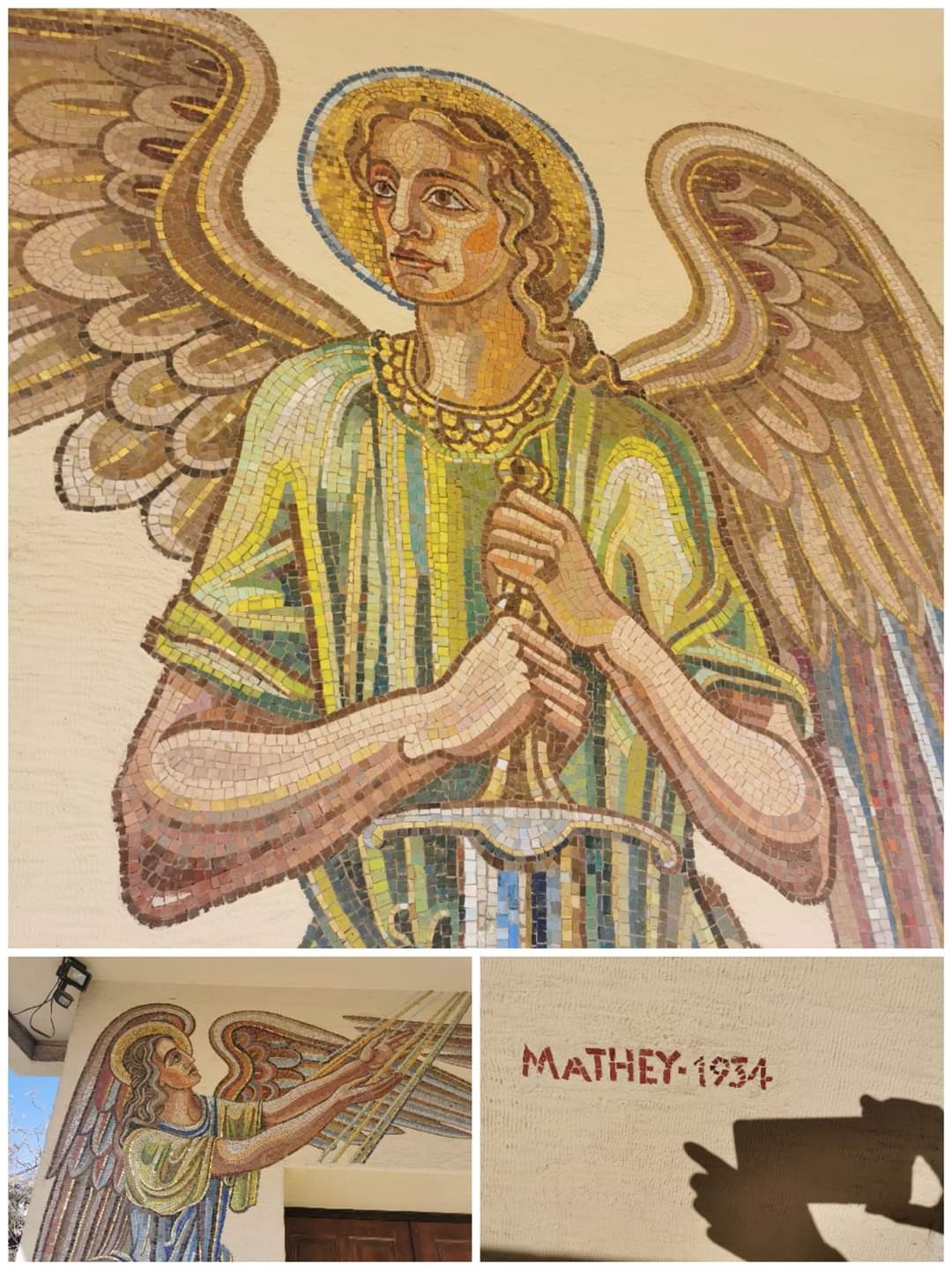 Das dreigeteilte Bild zeigt oben das Mosaik des Engels rechts der Kirchentür, der sich auf einen Schwertknauf stützt, darunter unten links den Engel links der Tür, der mit den Händen nach oben in Lichtstrahlen greift, und unten rechts die Künstlerinschrift von Georg Alexander Mathéy.