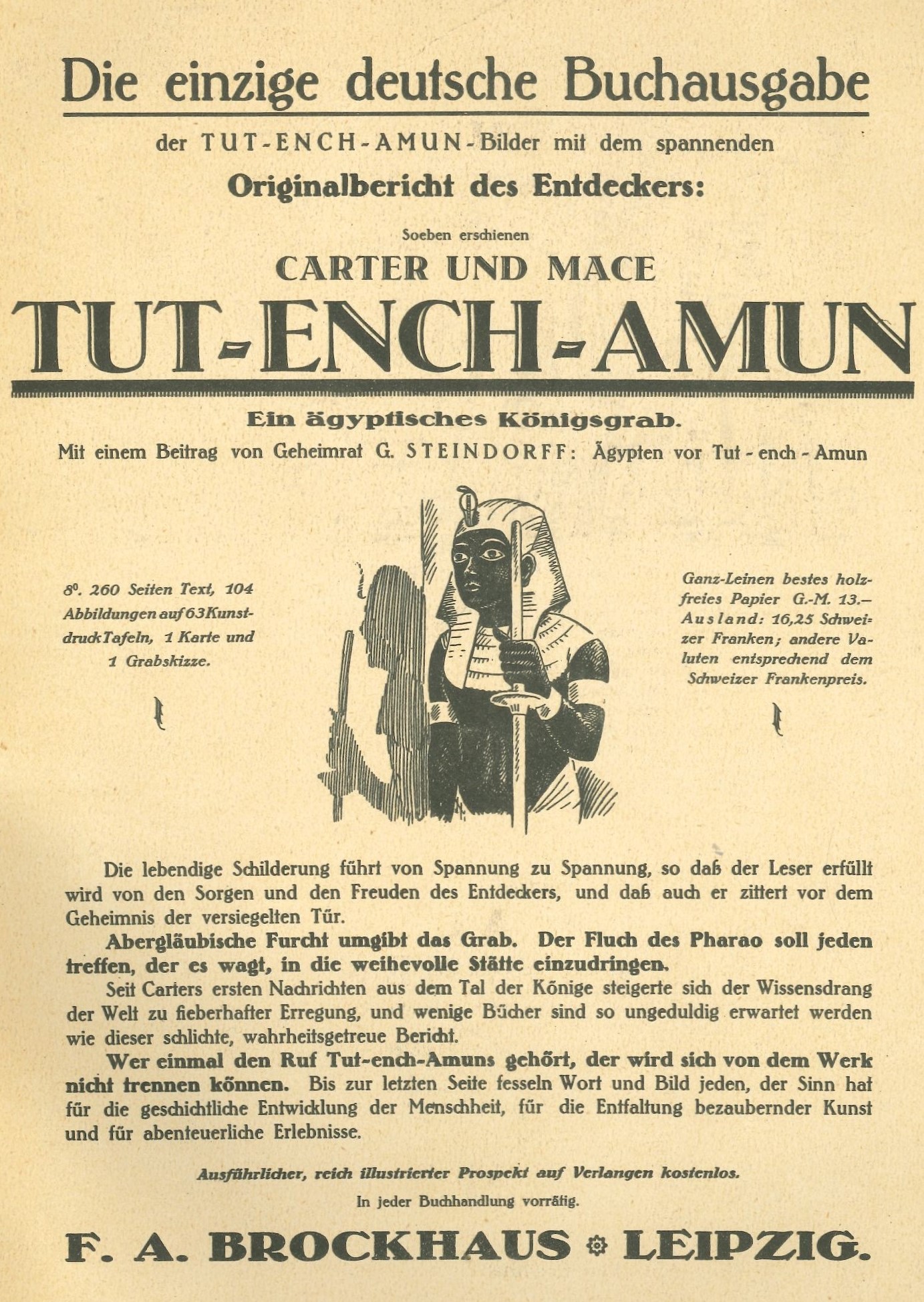 Werbeanzeige des Brockhaus Verlags für den ersten Band des Entdeckerberichts. In: Tutanchamon : Sonderheft der Woche. Berlin : Scherl, [1924].