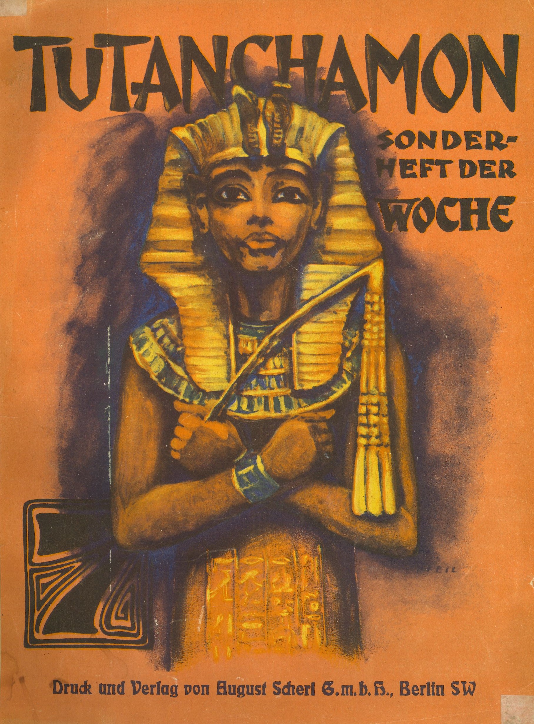 Uschebti-Statuette aus dem Grab des Tutanchamun. Umschlagmotiv von Tutanchamon : Sonderheft der Woche. Berlin : Scherl, [1924].