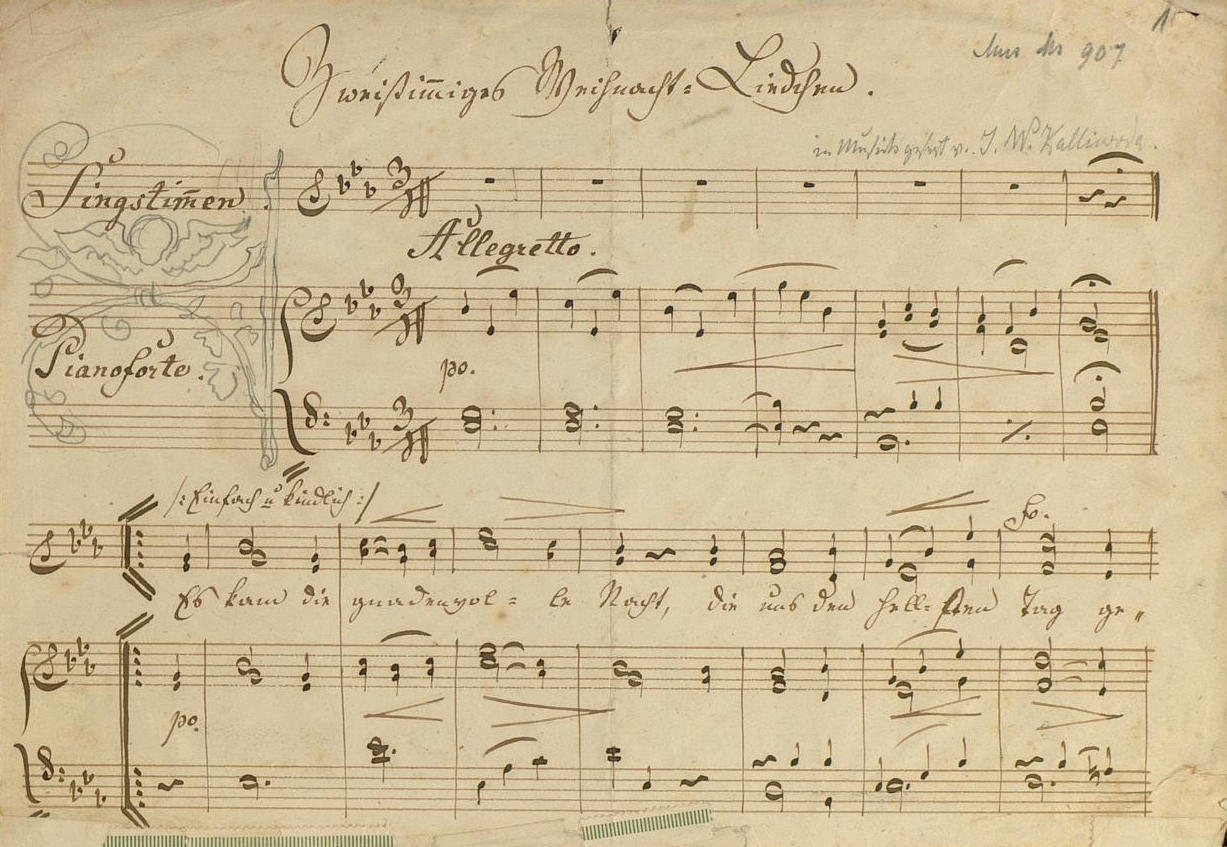 Zu sehen ist ein handgeschriebenes Notenblatt mit dem Beginn von Johann Wenzel Kalliwodas „Zweistimmiges Weihnachtsliedchen“ mit dem Text „Es kam die gnadenvolle Nacht“ von 1853.