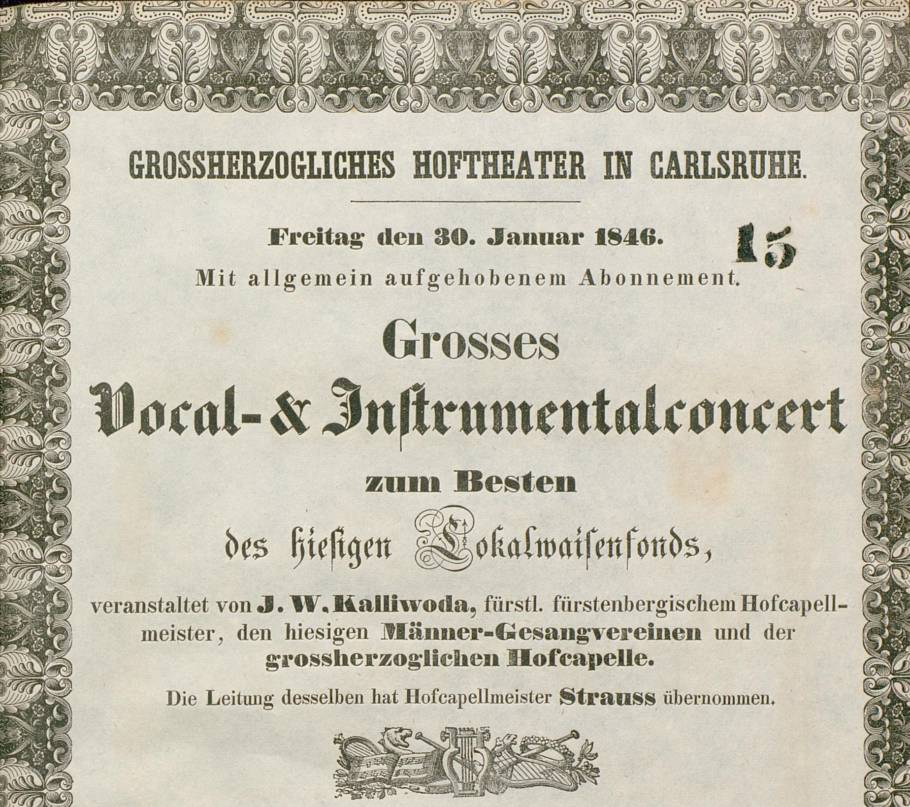 Zu sehen ist ein Theaterzettel vom 30. Januar 1846 mit der Ankündigung eines von Johann Wenzel Kalliwoda veranstalteten Konzerts im großherzoglichen Hoftheater in Karlsruhe.