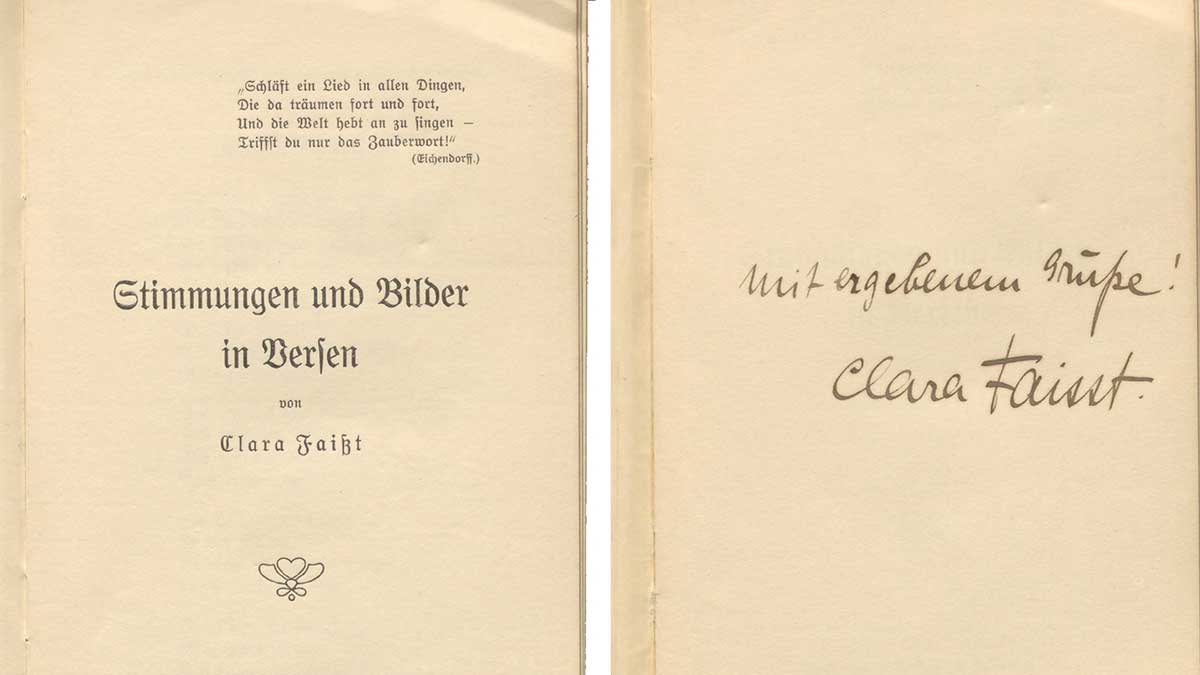 Clara Faisst: Stimmungen und Bilder in Versen. Karlsruhe: Reiff, 1910. Badische Landesbibliothek, Signatur 112 A 71155 R