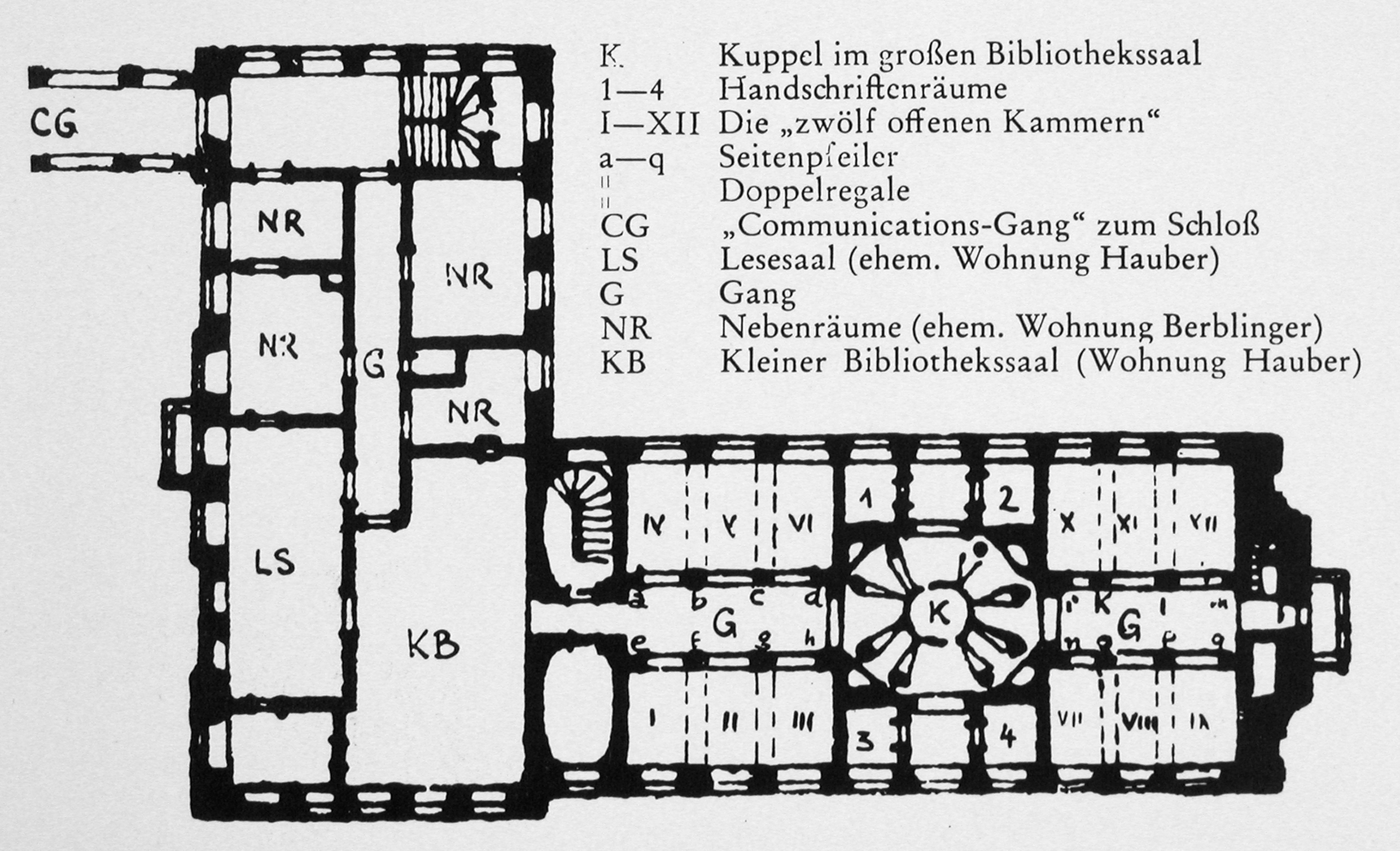 Zu sehen ist der Grundriss der Hofbibliothek in der ersten Etage 