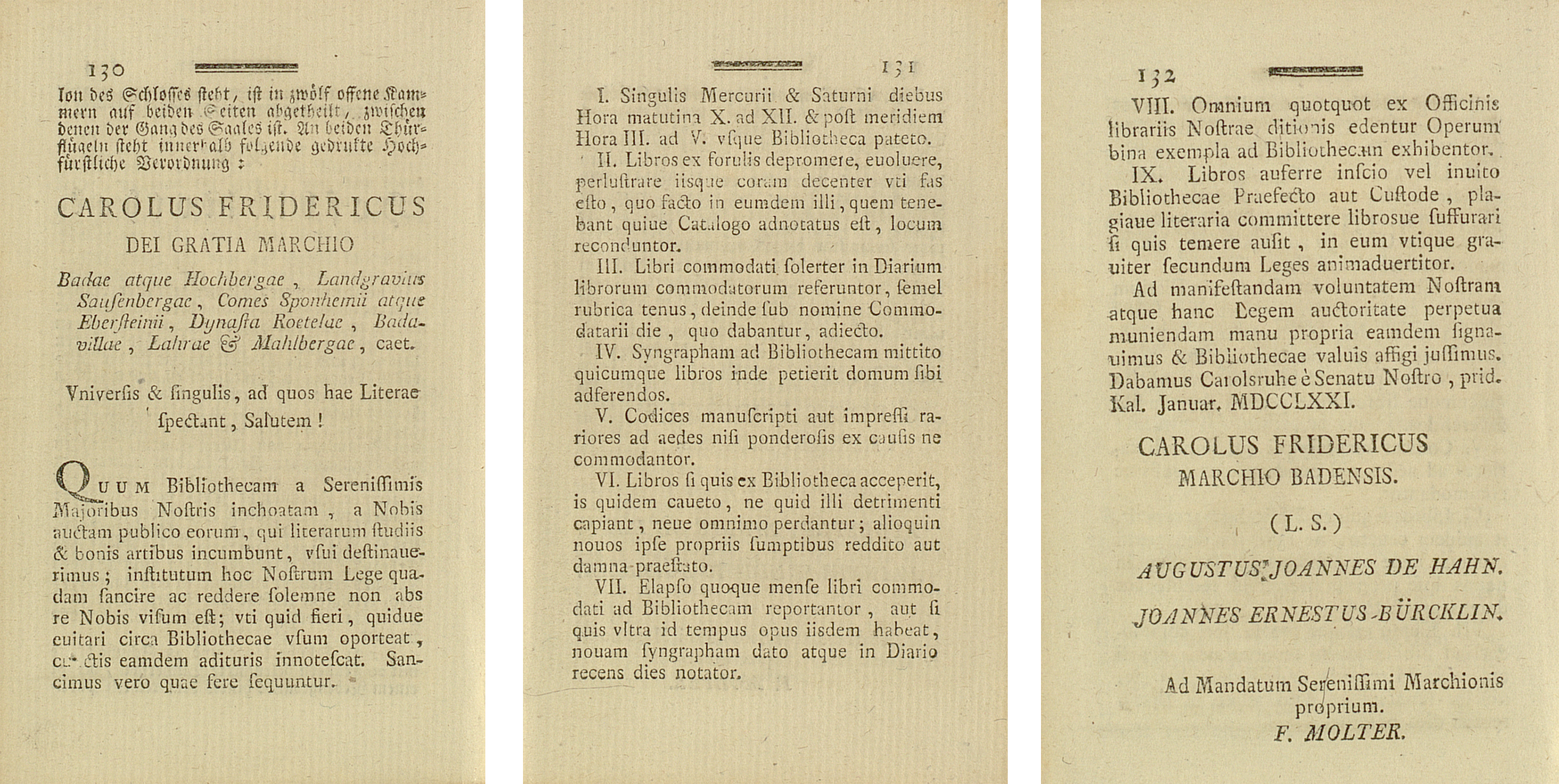 Zu sehen sind drei Textseiten mit dem lateinischen Text der Benutzungsordnung.