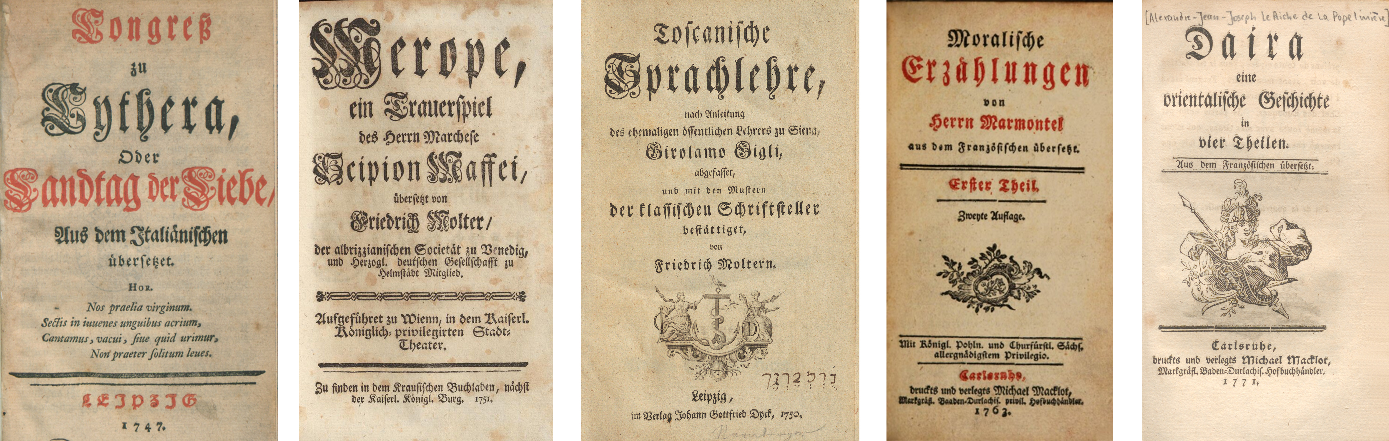 Zu sehen sind fünf Titelblätter von Übersetzungen literarischer Werke aus dem Französischen und Italienischen durch Molter.