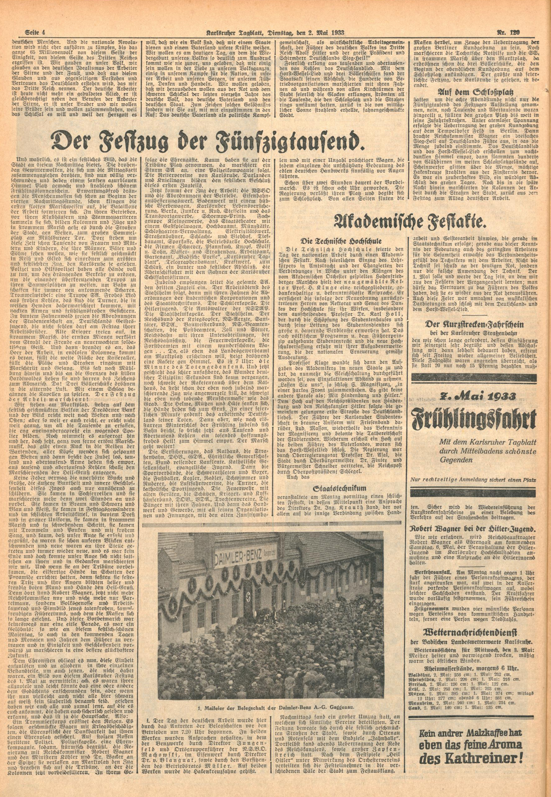 Zu sehen ist eine Seite aus folgender Zeitung: Karlsruher Tagblatt Nr. 120, Dienstag, den 2. Mai 1933