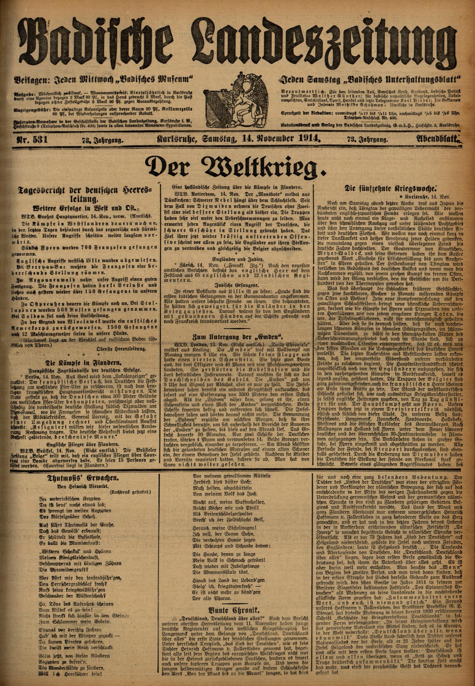 Zu sehen ist: Badische Landeszeitung, Karlsruhe, Samstag, 14. November 1914, Nr. 531, Jg. 73 Abendblatt.