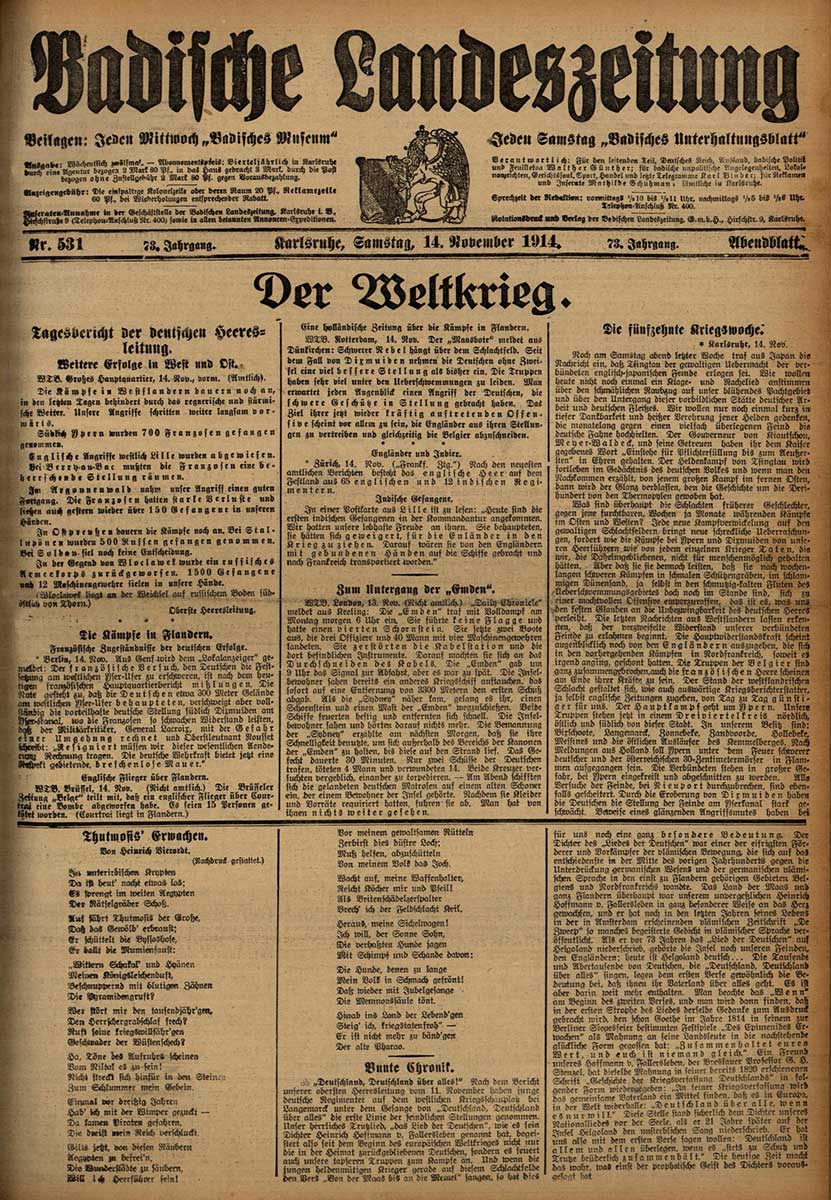 Zu sehen ist: Badische Landeszeitung, Karlsruhe, Samstag, 14. November 1914, Nr. 531, Jg. 73 Abendblatt.