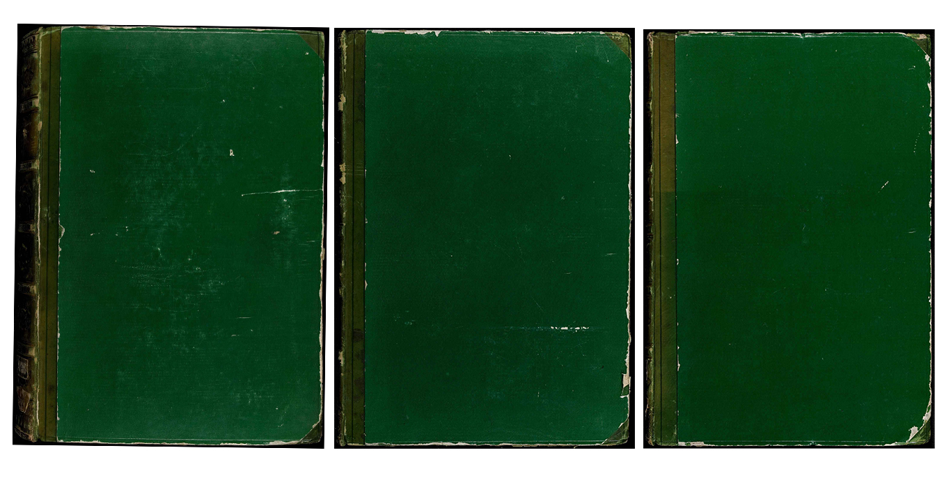 Grün gefärbte, gleichartige Einbände (Vorderdeckel) der Handschriften Cod. Donaueschingen 70, 77 und 152 nebeneinander.