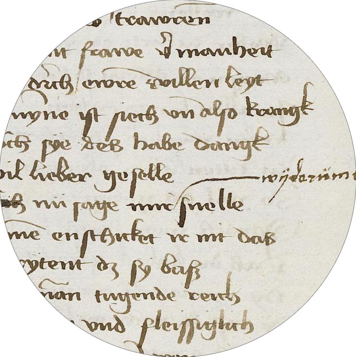 Runder Ausschnitt (Medaillon) aus der Einzelseite S. 307 der Handschrift Cod. Donaue-schingen 77, am rechten Rand mit einer Marginalie von Wilhelm Werner von Zimmern.