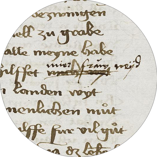 Runder Ausschnitt (Medaillon) aus der Einzelseite S. 311 der Handschrift Cod. Donaue-schingen 77, interlinear mit einer Marginalie von Wilhelm Werner von Zimmern.