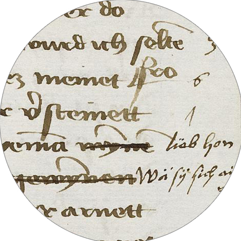 Runder Ausschnitt (Medaillon) aus der Einzelseite S. 317 der Handschrift Cod. Donaue-schingen 77, am rechten Rand mit einer Marginalie von Wilhelm Werner von Zimmern.