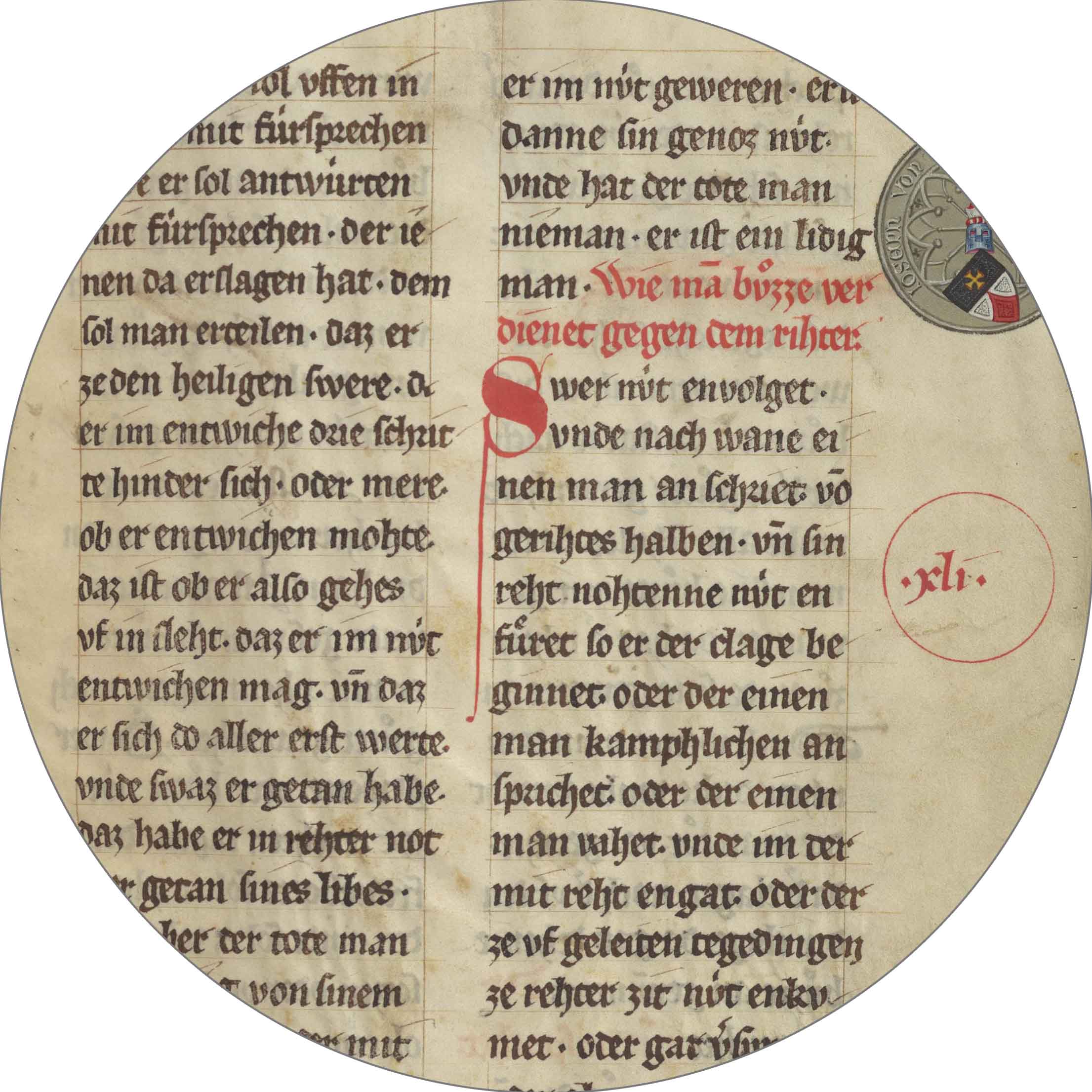 Runder Ausschnitt (Medaillon) der Einzelseite 1r aus der Handschrift Cod. Donaueschingen 738, oben rechts am Rand mit Laßberg-Wappen.
