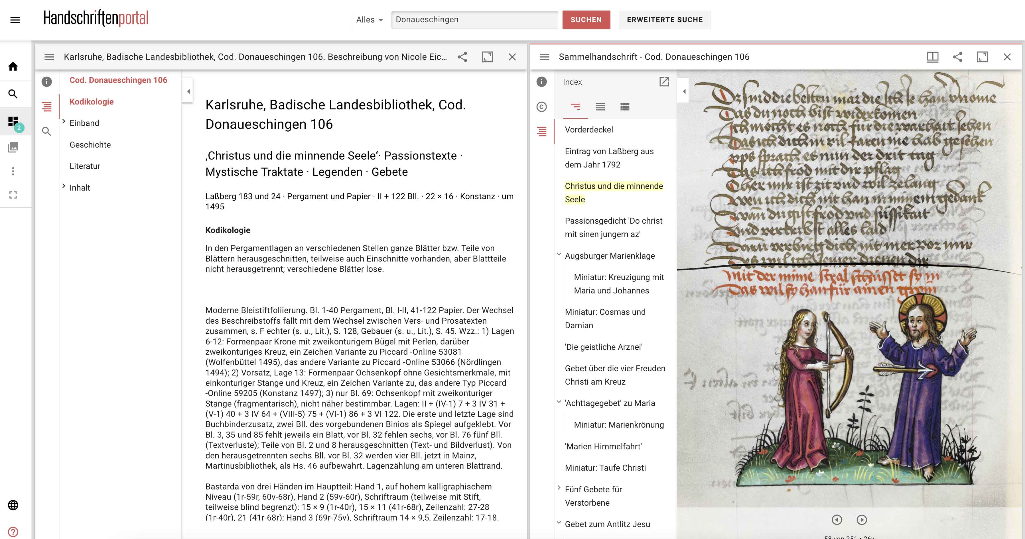 Screenshot der Website handschriftenportal.de, Beschreibung und Digitalisat von Cod. Donau-eschingen 106 nebeneinander, das Digitalisat mit Christus und der minnenden Seele.