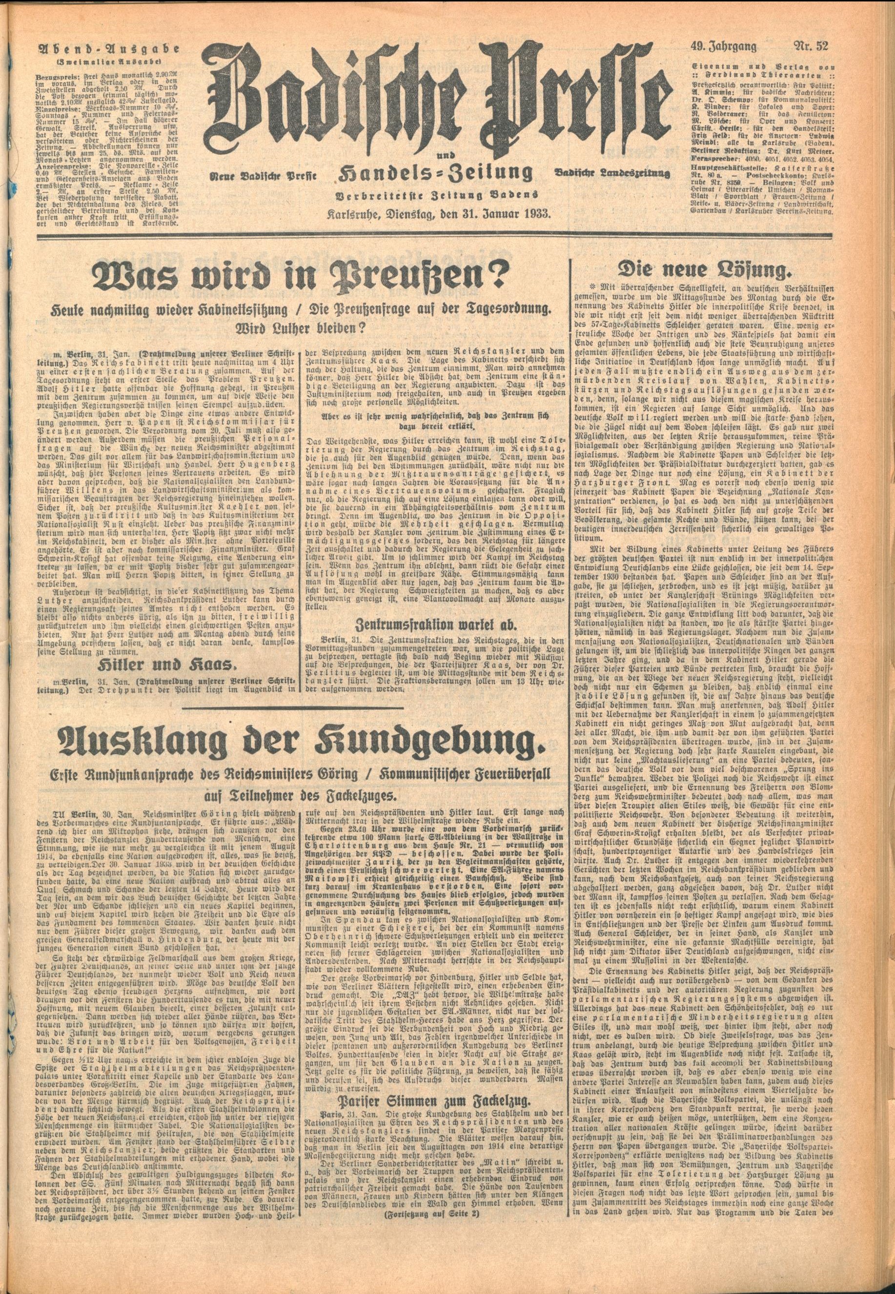 Zu sehen ist das Titelblatt der Abendausgabe der Badischen Presse vom 31. Januar 1933.