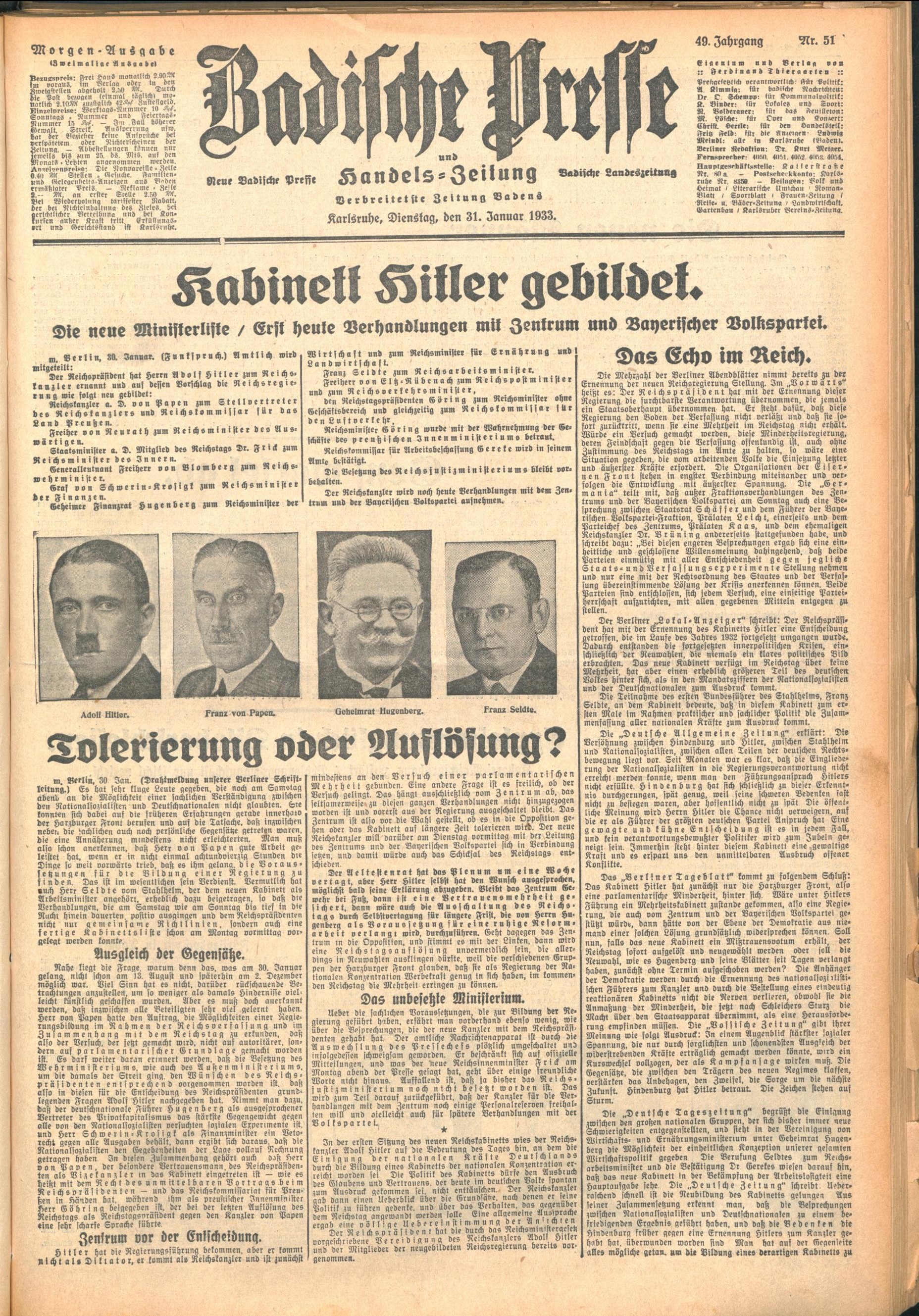 Zu sehen ist das Titelblatt der Morgenausgabe der Badischen Presse vom 31. Januar 1933.