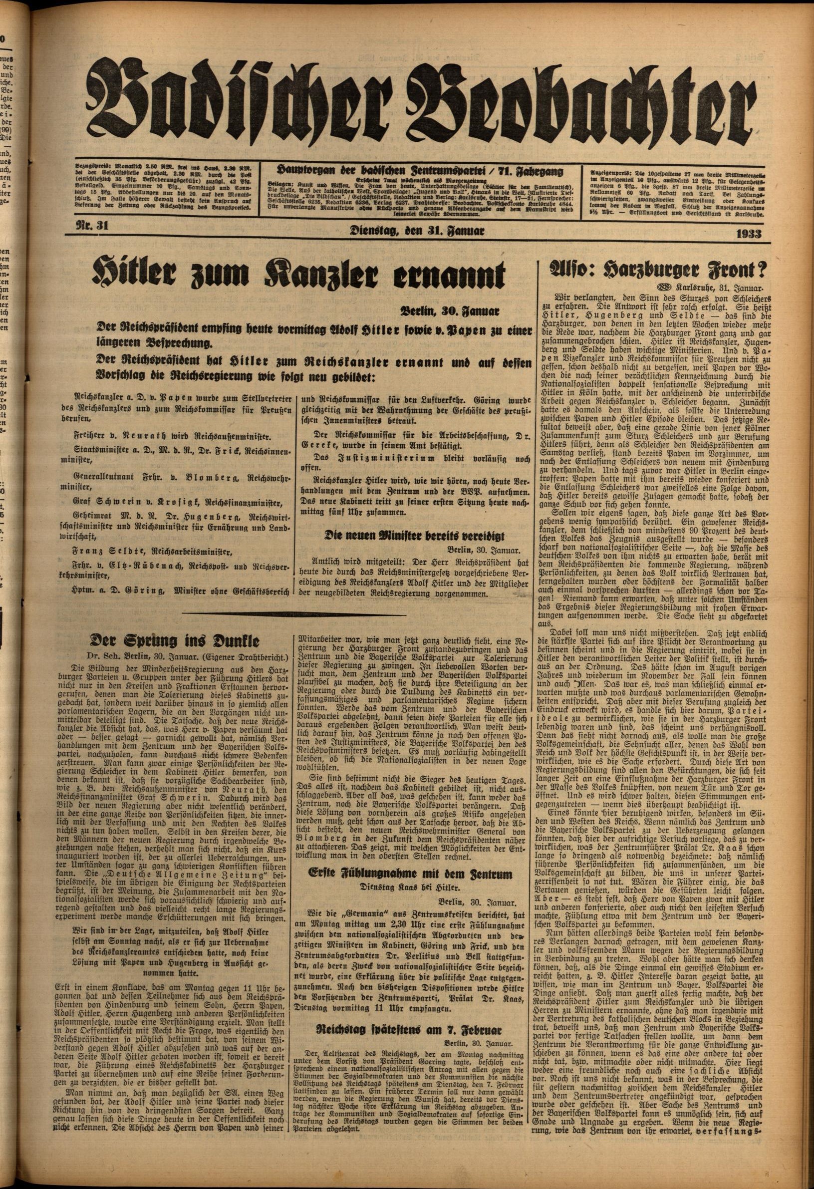 Zu sehen ist das Titelblatt des Badischen Beobachters vom 31. Januar 1933. 