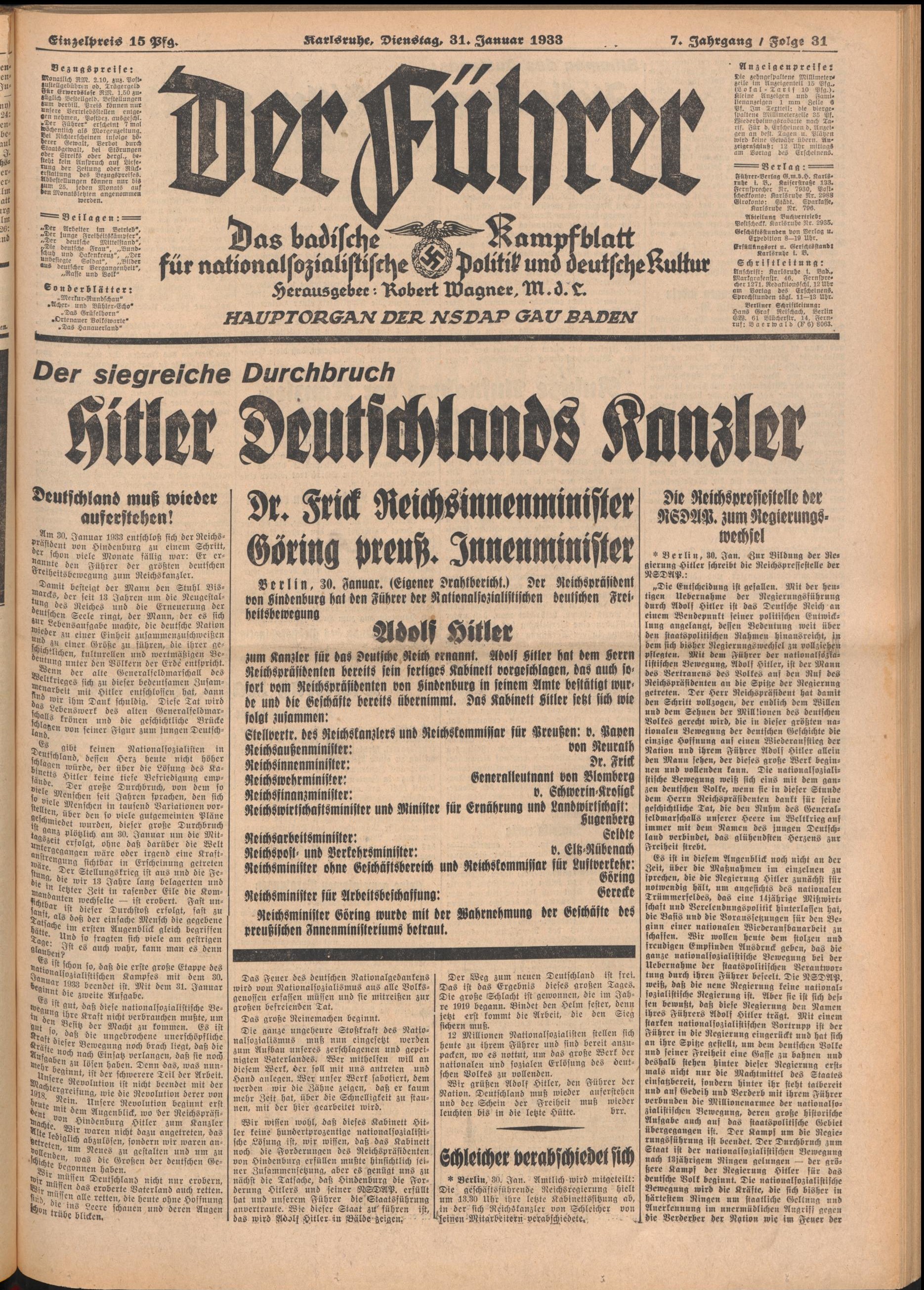 Zu sehen ist das Titelblatt des Führers vom 31. Januar 1933.