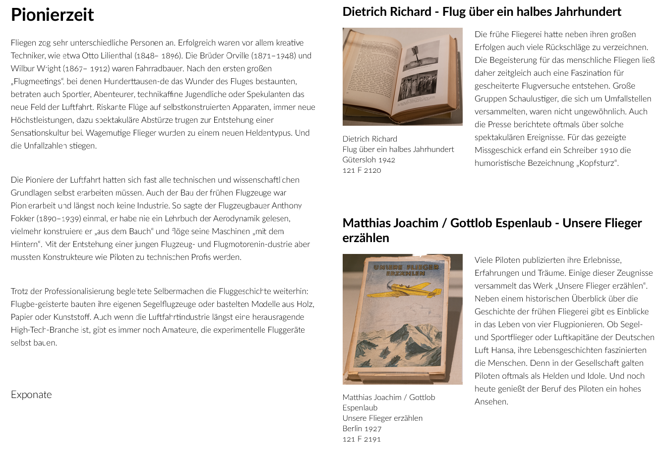 Zu sehen ist ein Screenshot der Webseite der Badischen Landesbibliothek, auf der die virtuelle Ausstellung „Faszination Fliegen“ präsentiert wird.