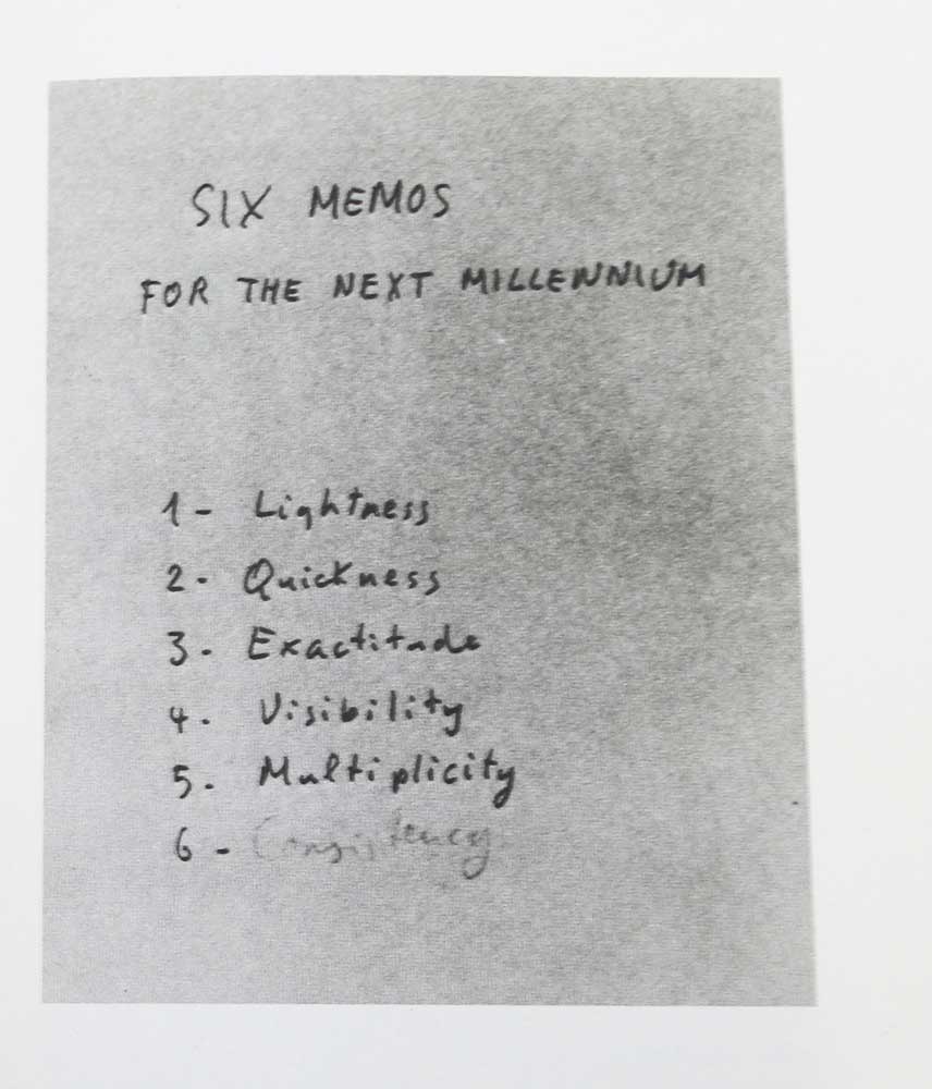 Liste mit sechs Stichworten: Lightness, Quickness, Exactitude, Visibility, Multiolicity, Consistency