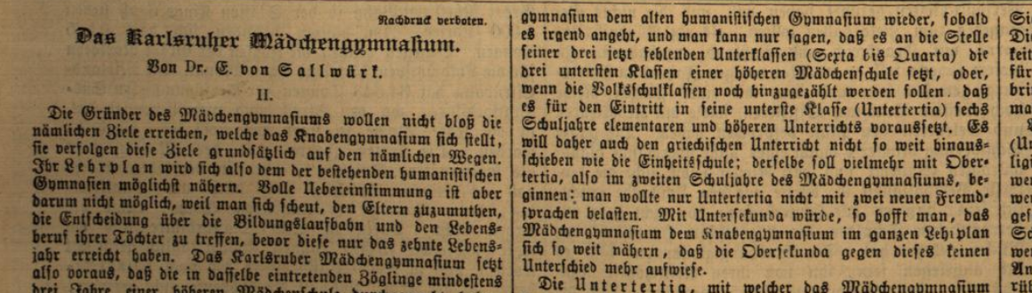 Zu sehen ist ein Ausschnitt aus einem Artikel der Karlsruher Zeitung vom 13.8.1893 zum Karlsruher Mädchengymnasium.